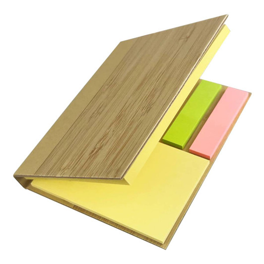 A bamboo sticky note set featuring yellow, pink, and green notes inside a natural bamboo cover.