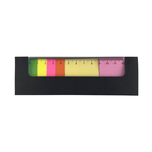 A ruler-shaped sticky note pad featuring bright sticky notes in green, yellow, orange, pink, and purple, with a black holder.