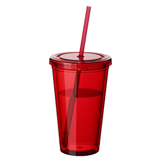 A red plastic tumbler with a lid and straw, featuring a logo on the side.