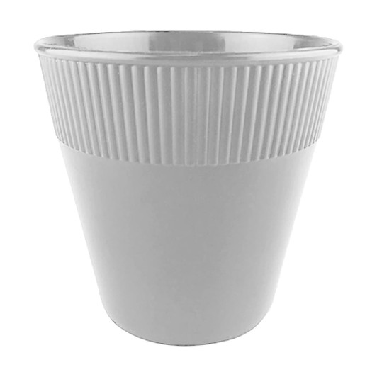 A plastic cup in grey with vertical ribbed detailing and a smooth finish, featuring a logo on the surface.