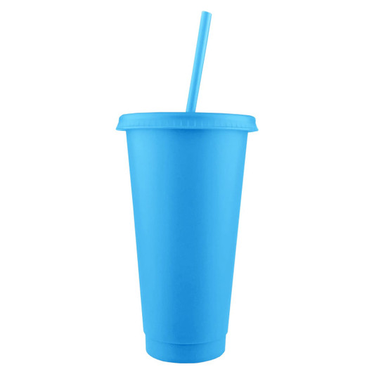 A blue solid mug with a lid and straw, designed for drinks. It features a logo on the front.