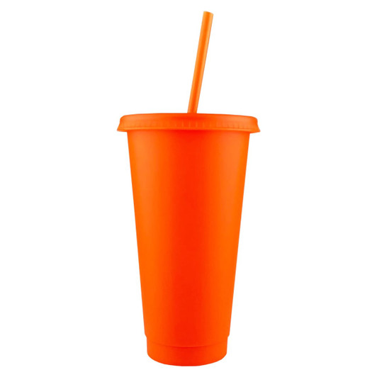 An orange plastic tumbler with a matching straw, featuring a lid and a simple design.