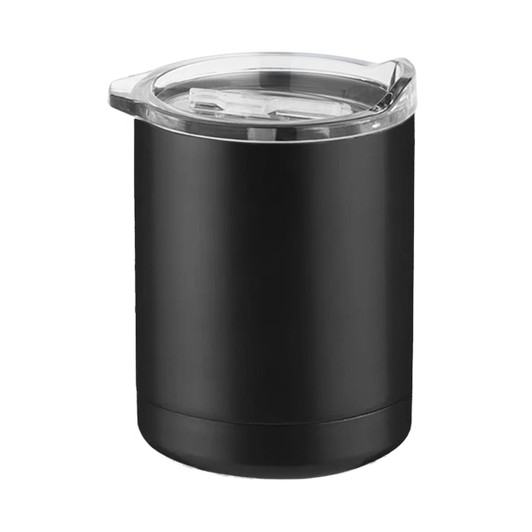 A black coffee mug with a clear lid, featuring a sleek design and a logo.