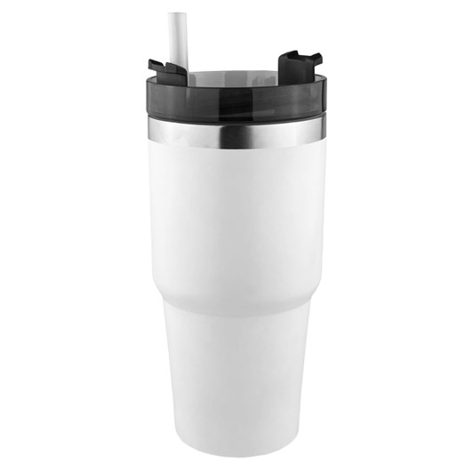 A white drink tumbler with a black lid and straw, featuring a sleek design and a silver band around the top.