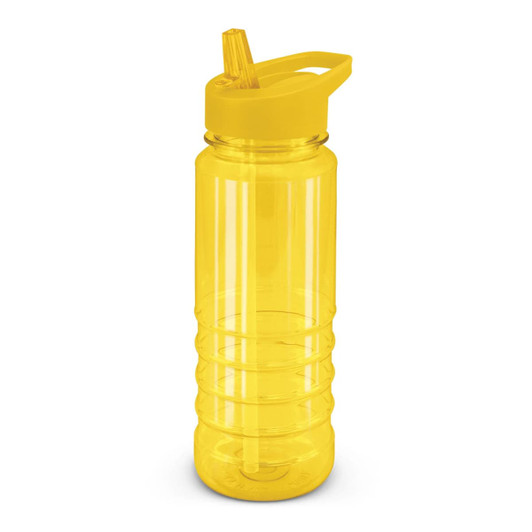 A drink bottle in vibrant yellow with a straw and a flip-top lid, featuring a textured grip design.