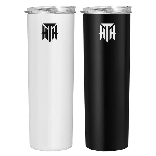 A set of two tall travel mugs in white and black with a logo on each.