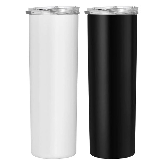 Two cylindrical mugs in black and white, featuring transparent lids, with a logo on each.