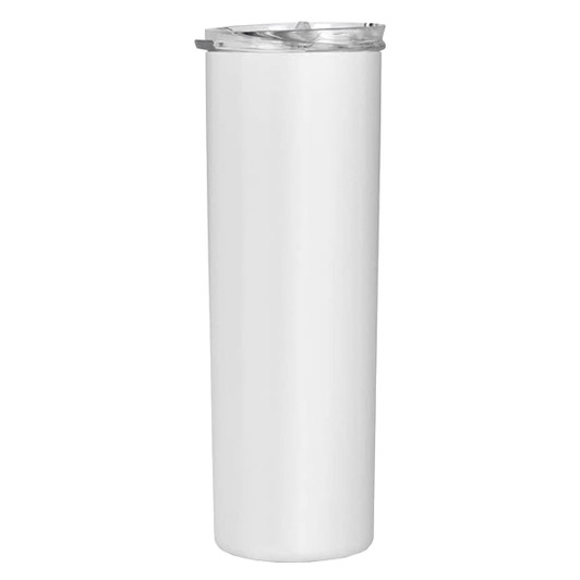 A white coffee mug with a clear lid, featuring a smooth, cylindrical design and a branding logo.