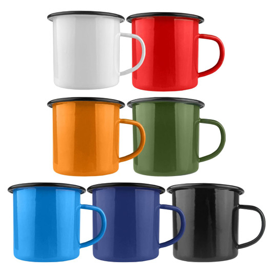 A collection of enamel camper mugs in white, red, green, orange, blue, and black, featuring a simple design and handles.