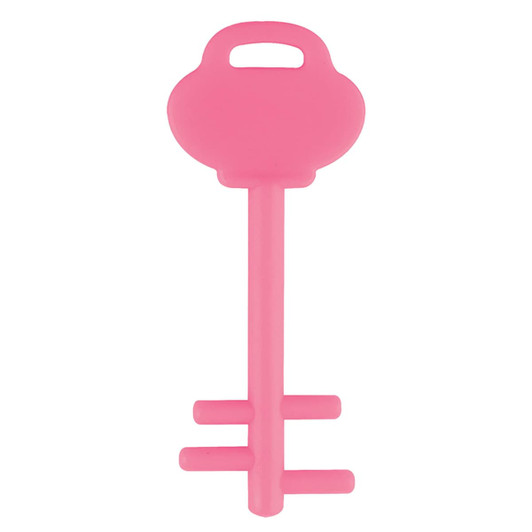 A pink mobile key stand shaped like a key, featuring a handle and a base with two prongs.