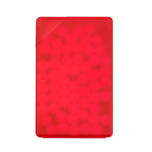 A bright red case filled with round, sugar-free mints, featuring a simple design with a logo.