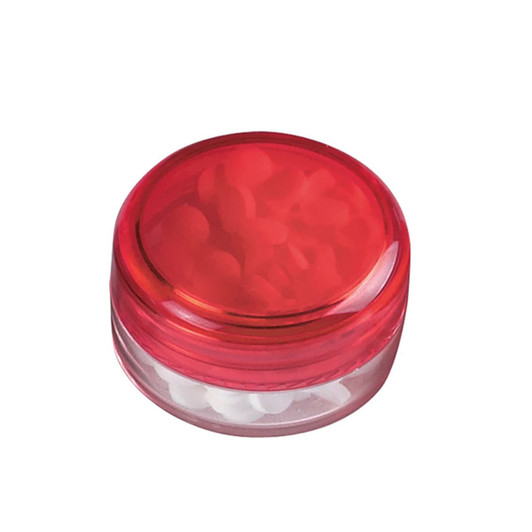 A red screw lid jar containing small white sugar-free mints, with a clear base and a logo on top.