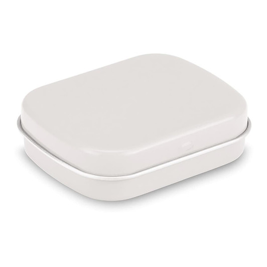 A rectangular mint tin in white, featuring a smooth, minimalist design. The tin has a subtle silver trim.