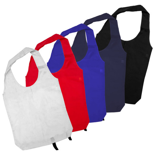 A tote bag with long handles available in white, red, blue, dark blue, and black, featuring a logo.
