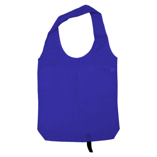 A purple tote bag with long handles and a small logo on the side.