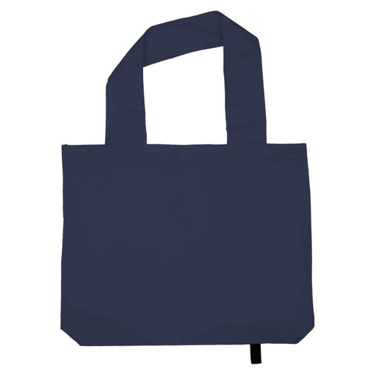 A navy blue tote bag with two handles and a plain design, featuring a logo on one side.
