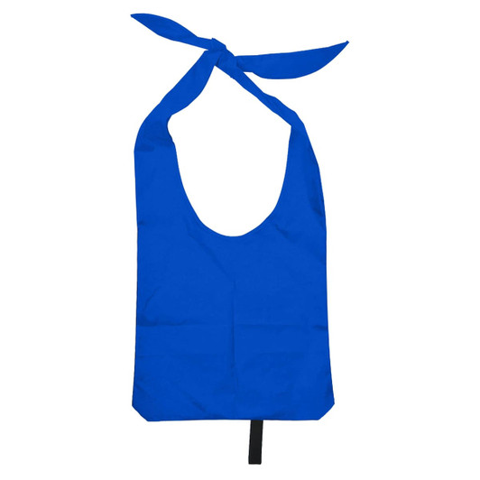 A blue nylon sling bag with open handles and a tied top. It features a simple design and has a logo.