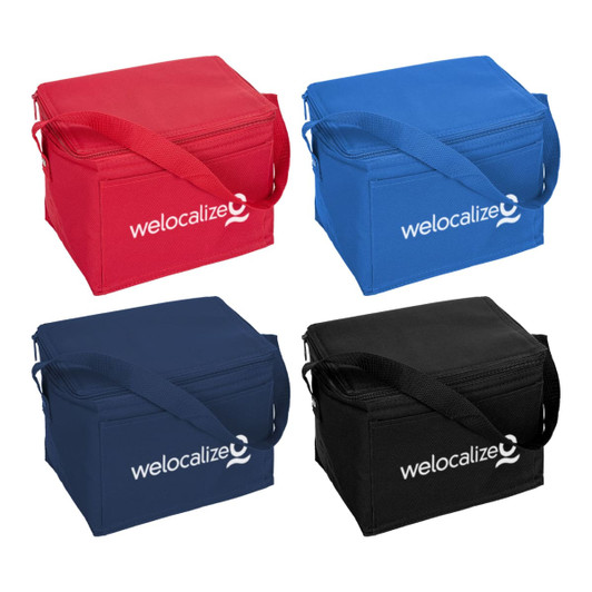 Four nylon cooler bags in red, blue, navy, and black, each with a shoulder strap and featuring a logo.