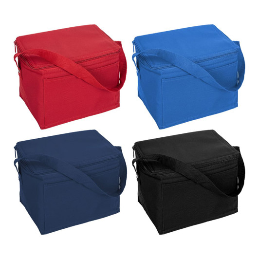 A cooler bag in red, blue, navy, and black, featuring a zippered closure and a sturdy shoulder strap.