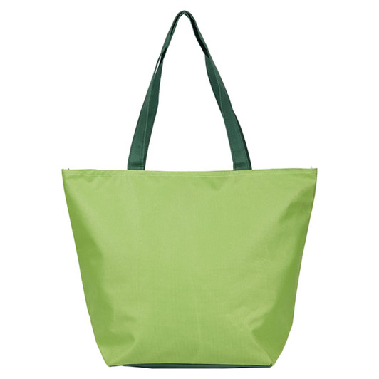 A green tote bag with dark green handles, featuring branding on the front. 