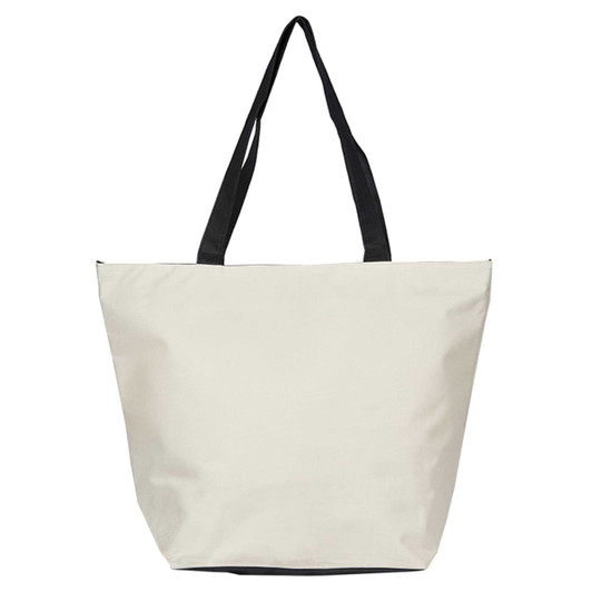 A cream tote bag with black handles and a simple design, featuring a logo.