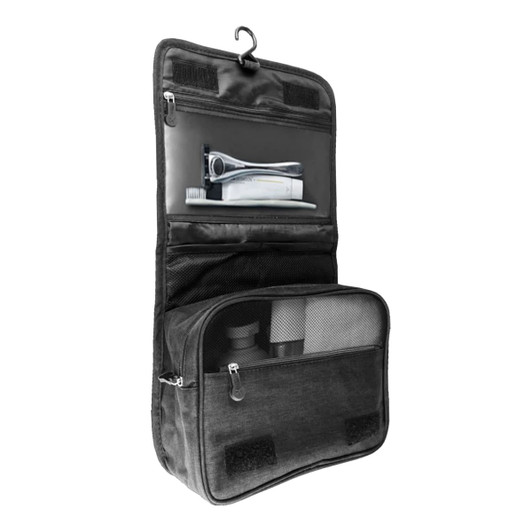 A black toiletry bag with multiple compartments, including mesh pockets and a hook for hanging. It features a zipper closure and a logo.