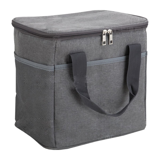 A grey nylon cooler bag with a zippered top and sturdy handles, featuring mesh sides and a branding logo.