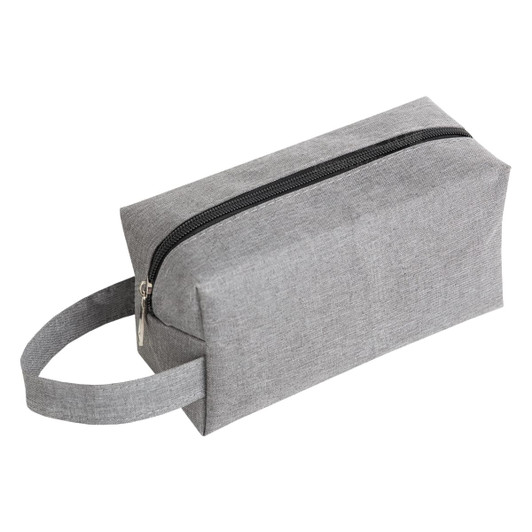 A grey nylon cosmetic bag with a zip closure and a convenient handle on the side.