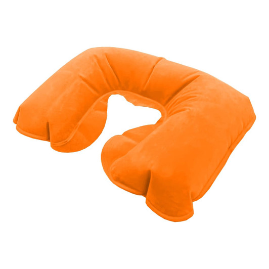 An orange travel neck pillow with a U-shape design, featuring a soft, plush material. It has a logo.