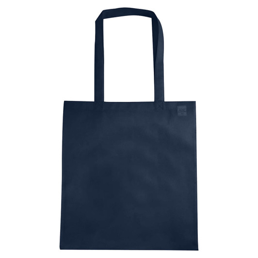 A navy non-woven tote bag with a V gusset and two sturdy handles, featuring a logo.
