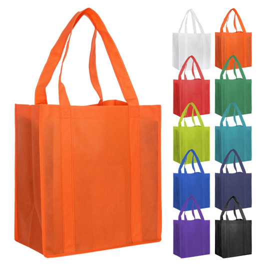 An orange non-woven shopping bag with dual handles, displayed alongside various-coloured bags in white, red, green, blue, purple, and black.