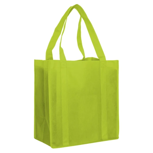 A lime green non-woven shopping bag with two sturdy handles and a spacious interior. It features a logo.