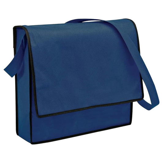 A blue non-woven flap satchel with a shoulder strap and contrasting black trim, featuring a logo.