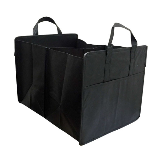A black non-woven cargo organiser features multiple compartments and sturdy handles for easy carrying.