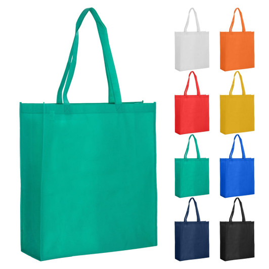 A green extra-large non-woven reusable grocery bag with gusset, displayed alongside bags in various colours.