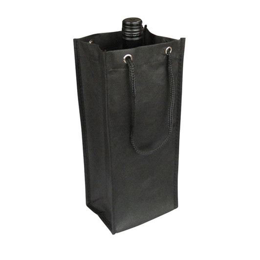 A drink bottle bag in black, featuring a sturdy design with rope handles and a logo.