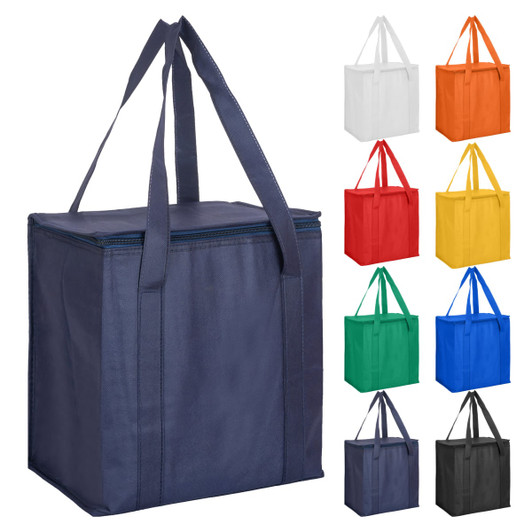A navy non-woven cooler bag with a zipped lid, featuring sturdy handles. Available in multiple colours.