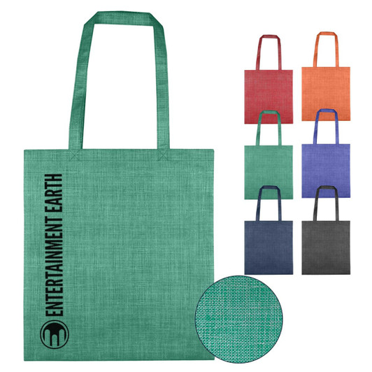 A green non-woven bag with a textured pattern and shoulder straps, accompanied by various colourful bags.