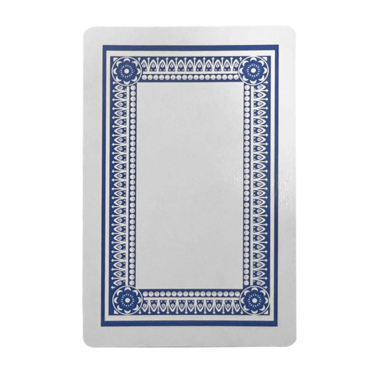 A blue and white playing card featuring an ornate border design, presented in a box.