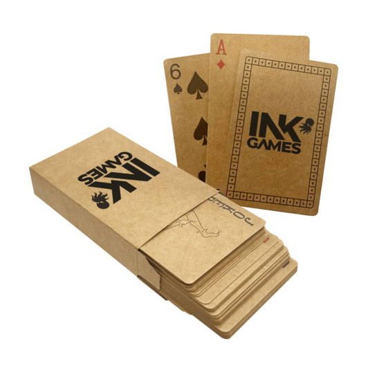 Eco-friendly playing cards in a cardboard box, featuring a beige colour with black branding and two visible cards.