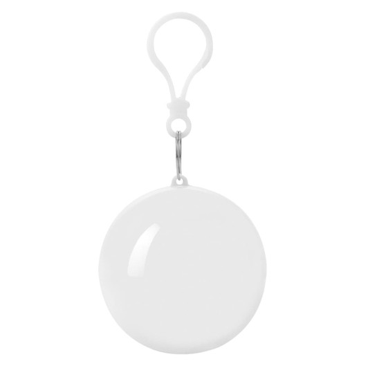 A white wind poncho stored in a round, compact pouch with a clasp for easy attachment.