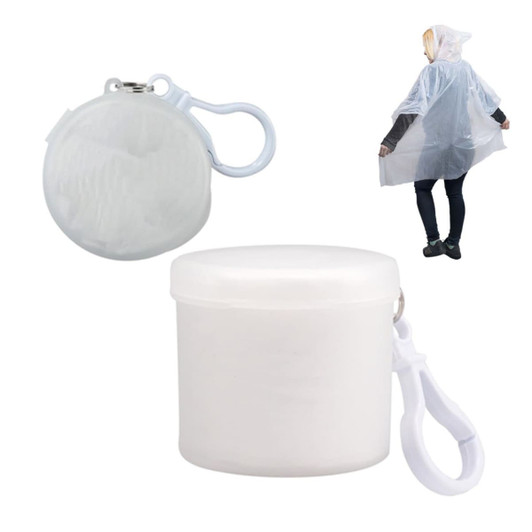 A transparent poncho in a compact white case with a clip, designed for outdoor use.