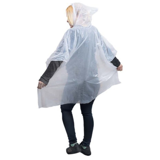 A translucent white poncho worn by a person, featuring a hood and accessible design.