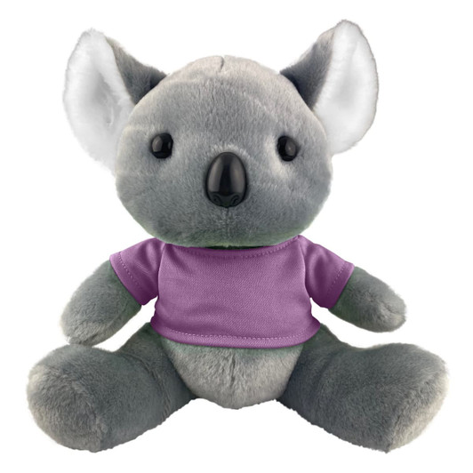 A grey koala plush toy wearing a purple shirt, featuring large ears and a friendly expression. It has a logo on its shirt.