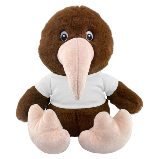 A brown kiwi plush toy with a large beak, wearing a white shirt and sitting upright. Features a logo on the shirt.