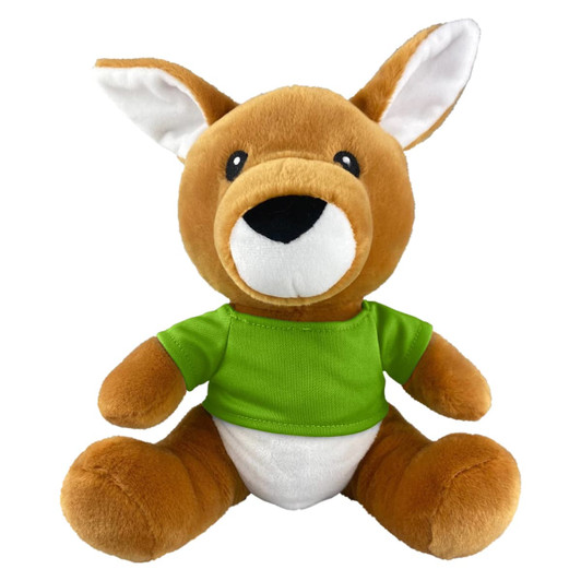 A brown plush kangaroo wearing a green shirt, featuring a white belly and large ears, with a logo on the shirt.