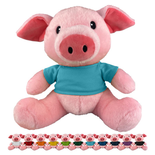 A pink plush pig wearing a blue shirt, with smaller colourful plush pigs lined up in front. The image includes a logo.
