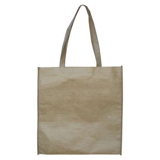 A beige paper bag with two handles and no gusset, featuring a simple design and a logo on one side.