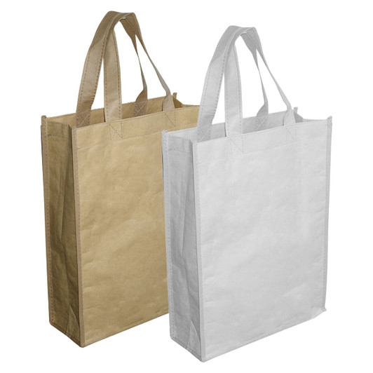 A set of two paper bags, one brown and one white, each with sturdy handles and a simple design. Both feature branding.