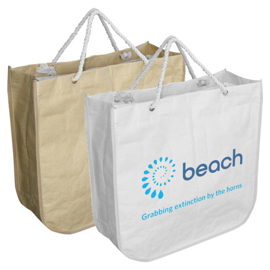 Two rectangular paper bags with rounded corners, one beige and one white, featuring rope handles and branding.